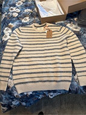 Weatherproof Cream Crewneck Sweater with Navy Stripes